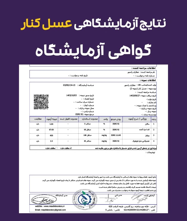 نتایج و گواهی آزمایشگاه عسل کنار