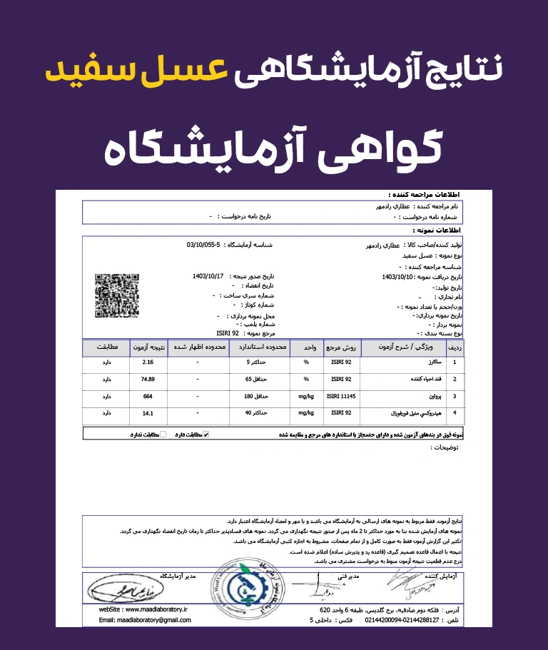 نتایج عسل سفید از آزمایشگاه